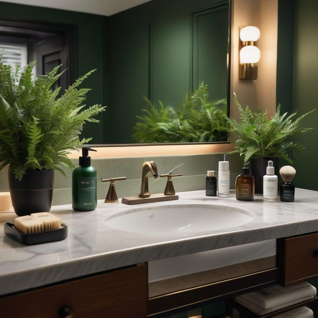 A stylish grooming setup featuring a well-organized countertop with premium shaving tools, polished colognes, and elegant skincare products. The background shows hints of a modern, chic bathroom with soft lighting and greenery to symbolize well-being. An abstract representation of confidence and vitality is subtly integrated into the scene. super-realistic. vibrant colors. modern aesthetic.