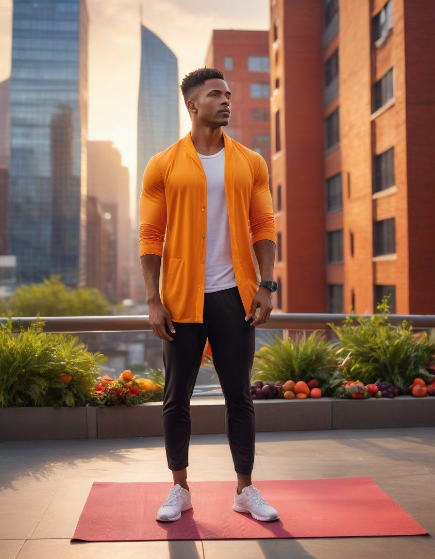 A modern man stylishly dressed in a sleek outfit, confidently striking a pose in an urban setting. Surround him with elements of wellness, such as a yoga mat, fresh fruits, and gym equipment. Include a vibrant skyline in the background, symbolizing ambition and elevation. Infuse the scene with a warm sunset glow to evoke positivity and energy. super-realistic. vibrant colors. urban backdrop.