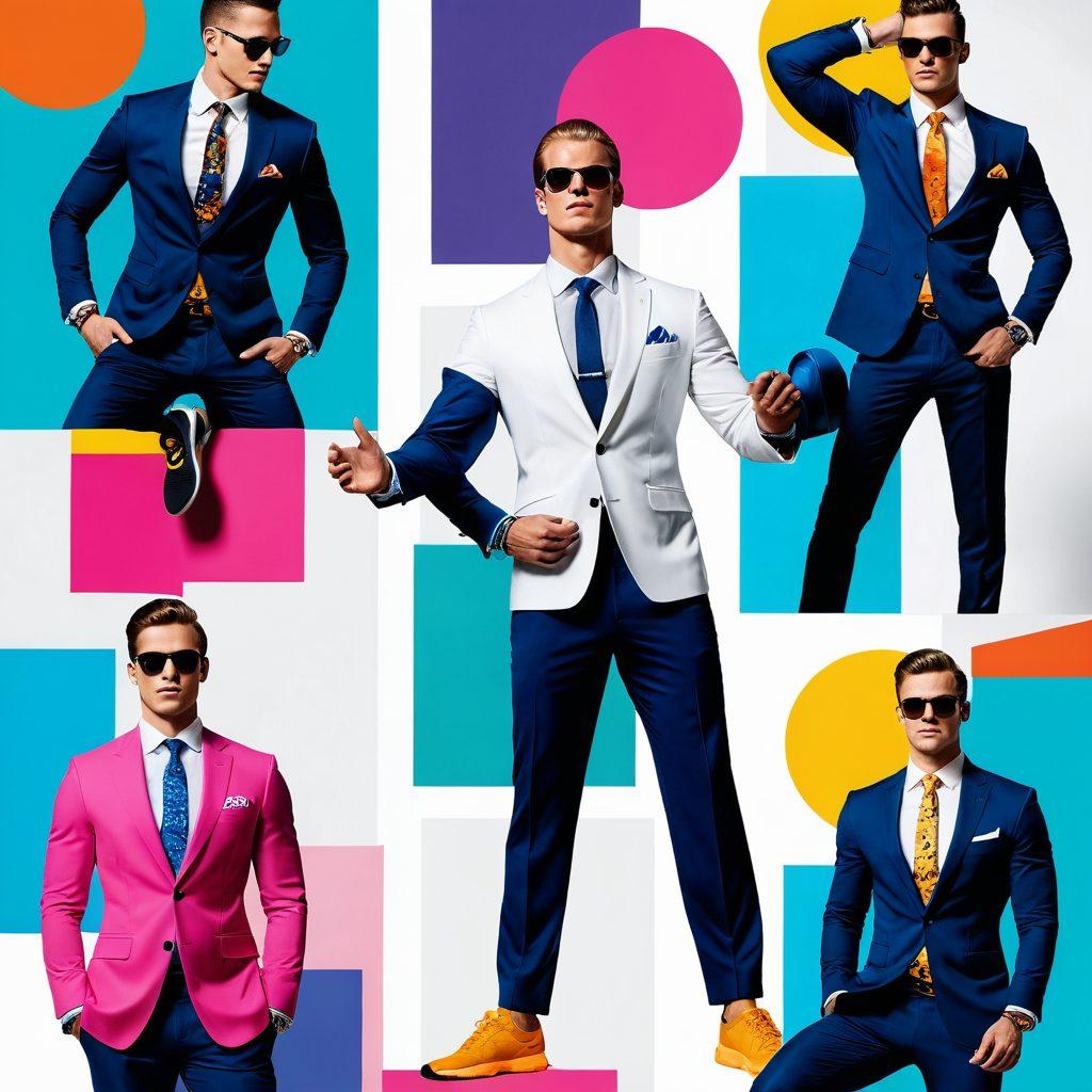 A dynamic collage showcasing stylish men's fashion seamlessly transitioning into fitness activities. On one side, a dapperly dressed man in a tailored suit, and on the other, the same man in modern athletic wear, striking a powerful yoga pose. Incorporate imagery of trendy accessories and fitness equipment like dumbbells and sneakers blending together. Use bold typography for the title overlay. pop art style. vibrant colors. white background.
